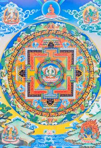 Chenresi mandala; a figura central retrata o Buda da compaixão, a manifestação celestial do Buda Amitava, sempre perto de seres sofredores (guache sobre tecido)