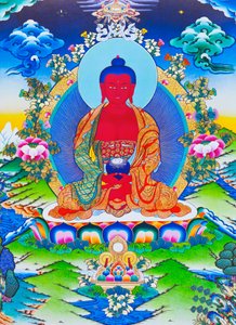 Imagem representando o Buda Amitabha sentado num lótus (guache num pano)