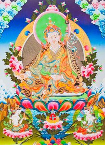 Imagem representando Padmasambhava ou guru Rimpoche, o deificado apóstolo do tantricismo tibetano que se diz ter ganho contraste sobre demónios e espíritos (guache sobre pano)