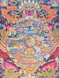 Imagem retratando a Roda da vida, retratando a Kalachakra ou a existência iludida mantida na boca de Yama, o deus da morte representando o nascimento, a morte e o renascimento (guache sobre tecido) de School Nepalese