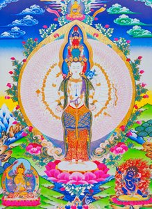 Imagem representando os mil braços Avalokiteshvara, os onze cabeças Avalokiteshvara com mil braços e 1022 olhos simbolizando a infinita compaixão (guache sobre tecido)