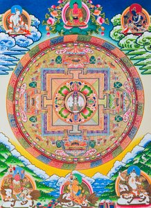 Mandala com mil braços Avalokiteshvara; o círculo sagrado e mágico representando os onze Bodissatva com cabeça simbolizando a infinita compaixão (guache sobre pano)