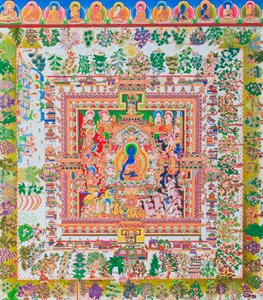 Buda Mandala da Medicina, a figura central de Bhaisajyaguru representa o curandeiro supremo em vestes monásticas com uma tigela contendo plantas medicinais (guache sobre tecido)