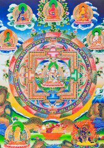 Vajrasattva, Mandala, representando o Buda tântrico auto-criado sem qualquer começo ou fim num abraço eterno com sabedoria prajna (guache sobre pano)