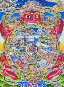 Roda da vida Mandala, representando o Kalachakra ou a existência iludida mantida na boca de Yama, o deus da morte representando o nascimento, morte e renascimento (guache sobre pano)