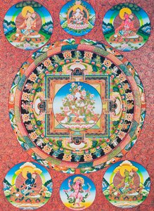 Tara Mandala branca; a divindade feminina de sete olhos do panteão budista representando a deusa da compaixão e a protectora dos seres humanos (guache sobre tecido)