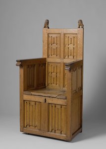Poltrona com base em forma de caixa, decorada com painel de letras e leões com escudo de School Netherlandish