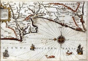 Cabo Sagres (ou Cabo Sagrado) no final de Portugal após o portulano de Luca J. Waghenaer Treesor de zeevaert impresso em Leiden em 1592 de School Netherlandish