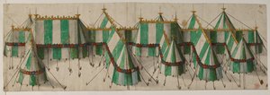 Algodão Augusto III, f.19 Design para um Pavilhão Real nas cores Tudor de branco e verde, dito ser para Henrique VIII no Campo do Pano de Ouro de School Netherlandish