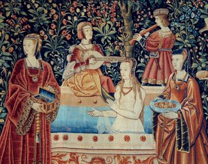 Cortina da Vida do Senhorio: o Banho. Detalhe. Tapeçaria de lã e seda feita por volta de 1520 na Holanda. Sol 2,8x2,6 m Paris, museu nacional da Idade Média, Termas de Cluny