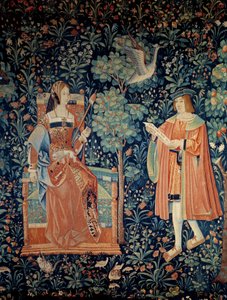 Cortina da vida marinha: cena de amor cortês. Detalhe. Tapeçaria de lã e seda feita por volta de 1520 na Holanda. Paris, Museu Nacional da Idade Média, Termas de Cluny