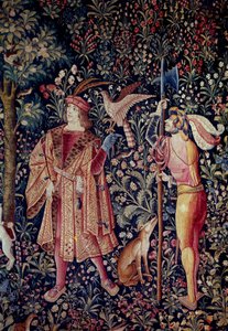 Pendurado fora da vida marinha: partindo para a caça. Detalhe. Tapeçaria de lã e seda feita por volta de 1520 na Holanda. Paris, Museu Nacional da Idade Média, Termas de Cluny