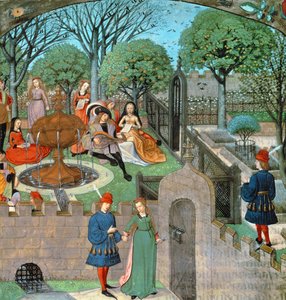 Harl 4425 f.12v Garden scene, the lover and dame Oyseuse (Idleness) outside the garden walls, from the 