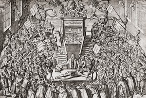 Alunos a assistir a uma aula de anatomia na Universidade de Leiden, de "Geschiedenis van Nederland", pub. 1936 (impressão) de School Netherlandish