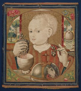 O Cristo Menino que Prensa o Vinho da Eucaristia, c.1500 (urdidura de linho, lã, seda e fios de trama dourados) de School Netherlandish