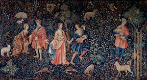 A cortina da Vida do Senhorio: uma cena galante. Tapeçaria de lã e seda feita por volta de 1520 na Holanda. Sol 2,6x3,7 m Paris, museu nacional da Idade Média, Termas de Cluny