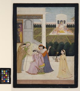 Uma senhora desconsolada, enquanto as outras brincam de Holi, c.1790 (aquarela opaca, prata e ouro sobre papel)