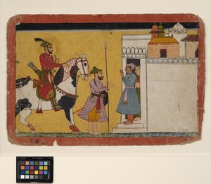 Uma caça ao príncipe pára na porta de uma casa, c.1700 (opaco w - ce ouro no papel)