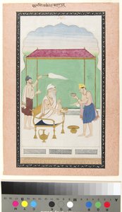 Ranjit Singh sentado em uma cadeira de ouro, atendido por um morador-portador e servido com, c.1830 (opaco w - c e ouro no papel)