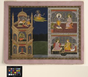 Vishnu se aproxima de uma torre dourada em Garuda, c.1825 (aquarela opaca e ouro sobre papel)