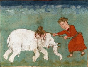 Arte islâmica: Rostam (ou Rustam) heróis míticos e filho de Zal mata o elefante branco. Miniatura persa de um manuscrito do poema épico "Shahnameh" (Shah Nama, Shahnama) (Livro dos Reis) de Ferdowsi (Firdawsi, ou Ferdawsi, ou Firdousi, ca. 940-around