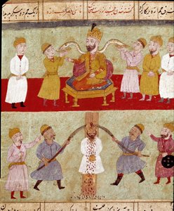 Arte islâmica: um rei representa no topo, com as suas cobras companheiras alimentadas pelos cortesãos, abaixo de uma cena de tortura de um inimigo. Miniatura persa de um manuscrito do poema épico "Shahnameh" (Shah Nama, Shahnama) (Livro dos Reis) de Ferdow