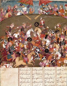 Arte islâmica: cena de batalha. Miniatura persa de um manuscrito do poema épico "Shahnameh" (Shah Nama, Shahnama) (Livro dos Reis) de Ferdowsi (Firdawsi, ou Ferdawsi, ou Firdousi, ca. 940-around 1020) Biblioteca Nazionale Nápoles