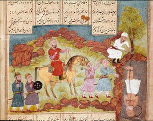 Arte islâmica: cena de tortura de um inimigo, enterrado vivo aos pés de uma árvore. Miniatura persa de um manuscrito do poema épico "Shahnameh" (Shah Nama, Shahnama) (Livro dos Reis) de Ferdowsi (Firdawsi, ou Ferdawsi, ou Firdousi, ca. 940-around 1020) Bi