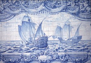 Caravelas no século XV-17, azulejos, nos arredores de Lisboa, Portugal.