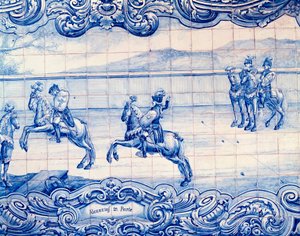 Cavaleiro a praticar o jogo de Alcancias em Portugal. Azulejos. Embaixada da Itália, Lisboa.
