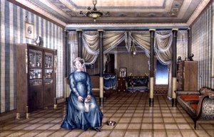A Spinster in a Neo-Classical Sitting Room Interior, c.1835 (aquarela com altura em papel) de School Russian