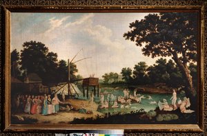 Banho de enfermagem em Moscou. (Termalismo: muitas mulheres nuas estão tomando banho, perto de uma sauna tradicional. Um grupo de pessoas vestidas se junta a elas, com crianças intimidadas). Pintura de um mestre russo, óleo sobre tela, final do século XVII