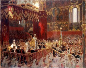 Coroação de Nicolau II em 1896 na Catedral de Ousensky em Moscovo - Pintura russa anónima de School Russian