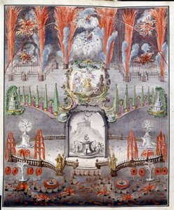 Fogo de artifício e iluminação a 17 de Setembro de 1747 em Gostilitsy (Rússia). Obra anónima, gravura em chapa de cobre com aguarelas, meados do século XVIII. Arte russa de School Russian