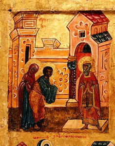 Ícone representando Joachim e Anna visitando o Templo em Jerusalém, c.1550 (tempera e folha de ouro no painel) (detalhe de 314500) de School Russian