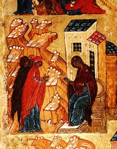 Ícone representando a Virgem selecionando as cores mais honradas do pano, c.1550 (tempera & folha de ouro no painel) (detalhe de 314500) de School Russian