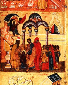 Ícone retratando a infância da Virgem e sua dedicação a Deus, c.1550 (tempera e folha de ouro no painel) (detalhe de 314500) de School Russian