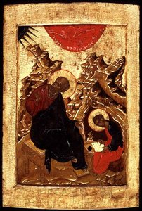 Ícone de São João Evangelista e do seu Discípulo Prokhor (folha de ouro e tempera no painel) de School Russian