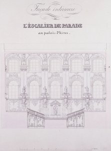 Frente interior das Escadas Desfile do Palácio de Inverno; Fachada interna da Escadaria Desfile no Palácio de Inverno, c.1838 (desenho a caneta e tinta sobre papel) de School Russian