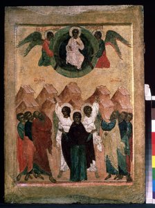 "A Ascensão de Cristo" ícone russo. Pintura em madeira do início do século XVI. Museu Regional de Arte, Arkhangelsk de School Russian