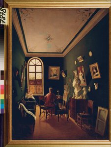 O estúdio do pintor. Pintura por um mestre russo, óleo sobre tela de School Russian
