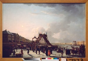 A montanha-russa sobre o rio Neva em São Petersburgo. (slide efémero para a época de Inverno). Pintura por um mestre russo, óleo sobre tela de School Russian
