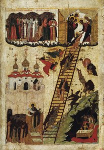 "A Escada do Paraíso de São João Clímaco" (Holy Ladder of St. John the Sinaitic) Representa os monges que chegam ao topo da escada e os que caem no inferno - ícone russo do Museu Estatal Russo do início do século XVI, St.
