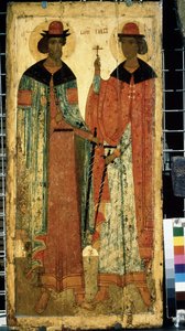 ""Santos Boris e Gleb, filhos de Vladimir I de Kyiv"" ícone russo. Pintura em madeira por volta de 1450. Galeria Estatal Tretyakov, Moscou de School Russian