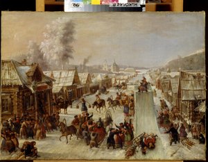 Mardi Gras (Entrudo). Cena de festas tradicionais e regozijos populares em uma rua coberta de neve de uma pequena cidade com casas de madeira. Um tobogã foi montado e os habitantes bebem e se cumprimentam alegremente. pintura anônima, de School Russian