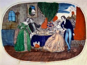 Mondanite: cena de refeições e sedução entre dois casais. Rússia. Gravura por volta de 1850. Coleção Particular de School Russian