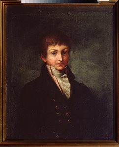 Retrato do poeta Konstantin N. Batyushkov (Constantine Batiushkov) (1787-1855). Pintura por um mestre russo, óleo sobre tela, ca. 1800. Arte russa de School Russian
