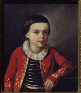 Retrato do poeta Mikhail Lermontov (1814-1841), quando criança. Pintura de um mestre russo, óleo sobre tela de School Russian