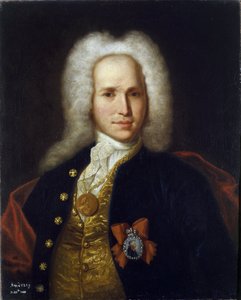 Retrato do Cientista, Engenheiro Militar e Inventor Andrey Nartov (1683-1756). (Retrato do Cientista, Engenheiro Militar e Inventor A. Nartov). Pintura anónima, óleo sobre tela, ca. 1725. Arte russa de School Russian