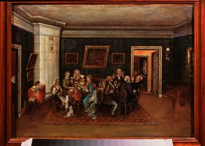 Recepção da noite (cena da vida quotidiana, família e amigos reunidos à volta da mesa de jantar). Pintura por um mestre russo, óleo sobre tela, meados do século XIX. Museu Literário Central do Estado, Moscovo. de School Russian
